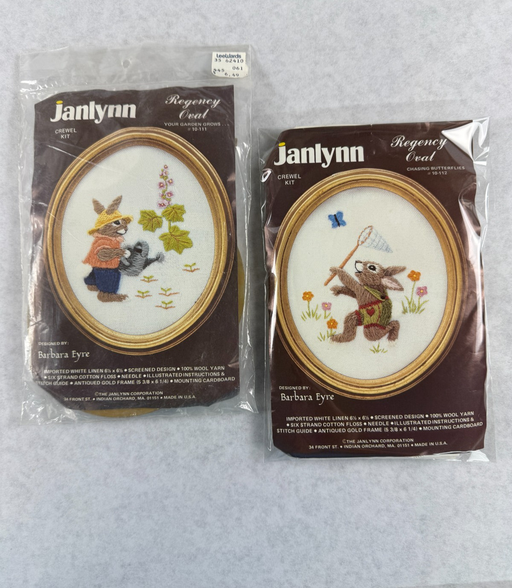 Vintage Janlynn Regency Oval Crewel Kit Lot Bunny Rabbit Frames Barbara Eyre 2